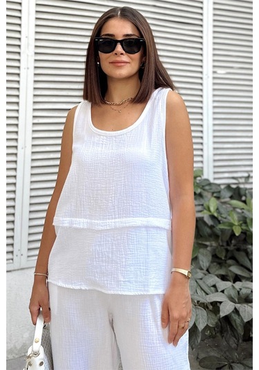 Beyaz İthal Müslin Kumaş, Basic, Katlı, Salaş Askılı Bluz & Atlet Beyaz