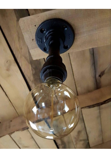 Endüstriyel Malzeme Demir Boru Sarı Ampulden, Rustik Tavan Avize Siyah