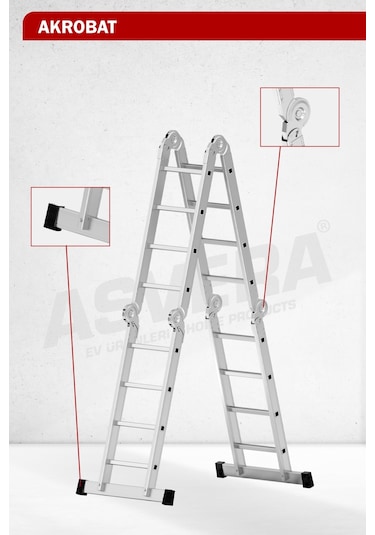 Asvera 4.7 Metre Çok Amaçlı Akrobat Merdiven - 16 Basamaklı 4x4 Katlanır Profesyonel Merdiven