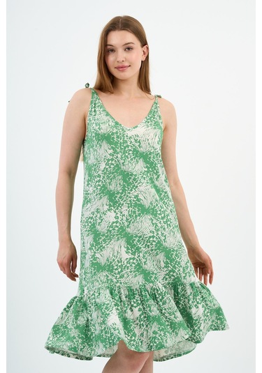 Bağlama Detaylı Askılı Volanlı Elbise B24-425-01 Yeşil