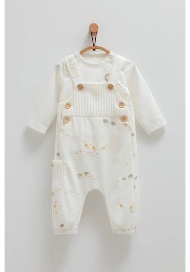 2'lü Bebek Salopet Takımı Müslin Zürafa Desenli -1117 Ekru
