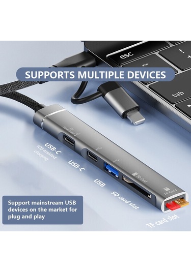Cbtx Svt02 İphone+c Tipi Hub Adaptörü Uyumlu 2 Tip-c Bağlantı Noktası+usb+2 Kart Okuyucu Yuvası - Gri