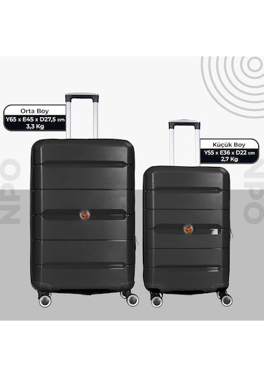 Npo Diamond Pp Polipropilen Küçük Ve Orta Boy 2'li Kırılmaz Valiz Seti-siyah Siyah