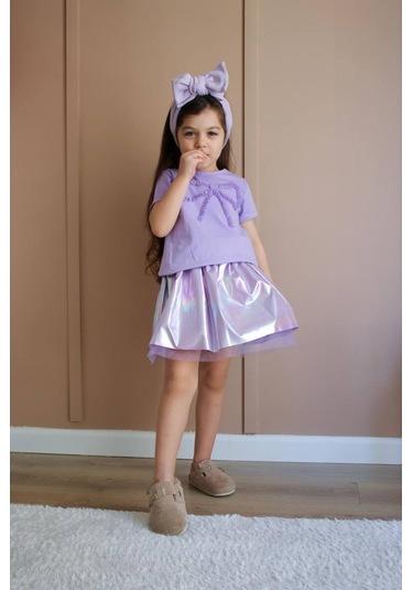 Kız Çocuk Lila Renk Partlak Kumaş Tütü Balon Etek Fiyonk Nakışlı T-shirt Pamuklu Altüst Takım Lila Mor Lila - Mor