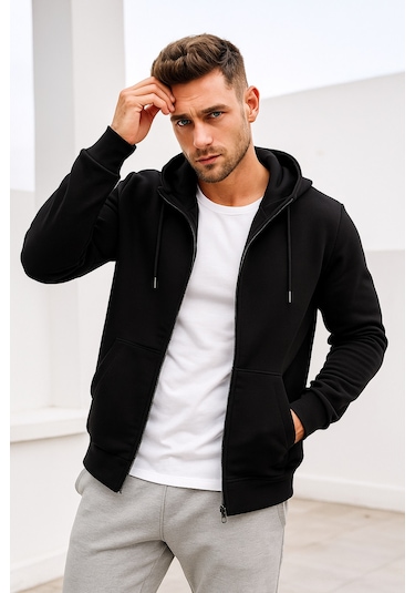Rich Erkek Siyah Kapüşonlu Kanguru Cepli Fermuarlı Sweatshirt Siyah