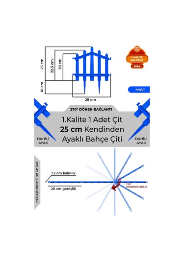 Dekoratif Plastik Bahçe Çiti Ve Peyzaj Çiti 1 Adet Çit Y: 25 Cm / G: 25 Cm Toprak Ayaklı - Mavi