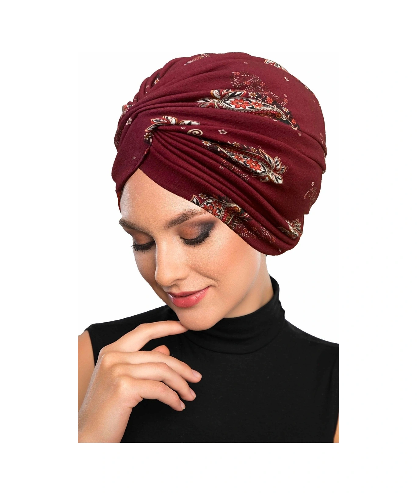 Fidan Desenli Çapraz Penye Bordo Yazma Desenli Hazır Türban Tesettür Havuz Bonesi Bordo-yazma