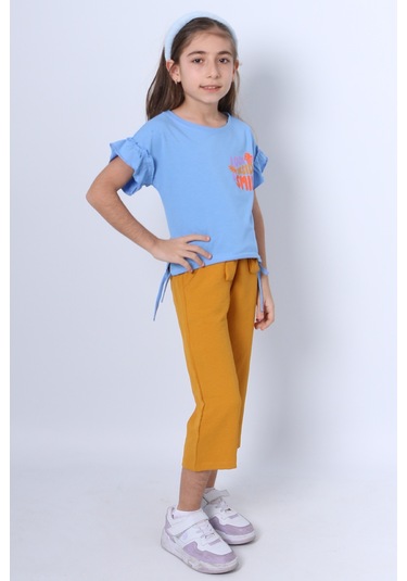 Kız Çocuk İkili Takım Sırt Baskılı Püsküllü Kolları Fıfırlı F20 Mavi