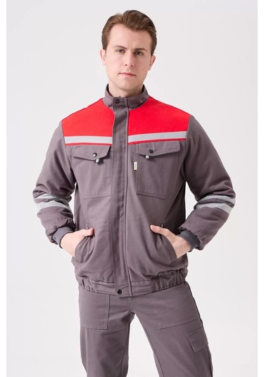 Kışlık İş Montu Grikırmızı Reflektörlü Gabardin Royal Mont İçi Kapitoneli Sıcak Tutan Gri-Kırmızı