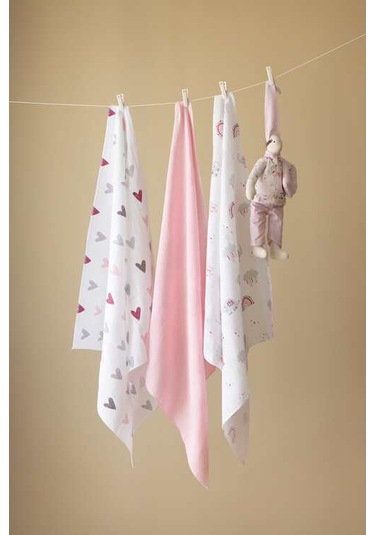 Çok Amaçlı Müslin Örtü & Battaniye 3'lü Set Pamuk Oeko-teks Sertifikalı 80x80 CM Beyaz - Pembe