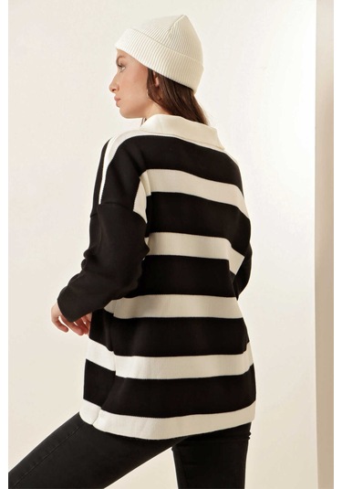 Gabria Fermuarlı Çizgili Kazak Siyah