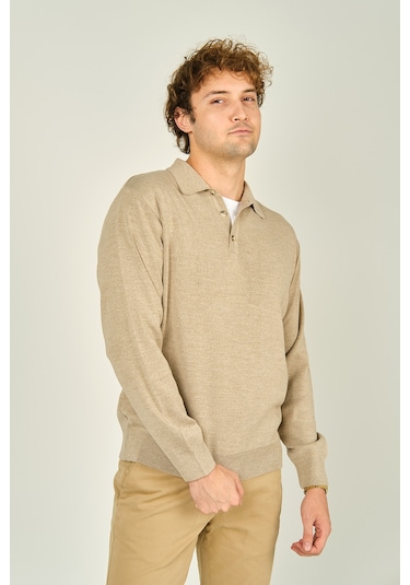 Ateş Triko Erkek Polo Yaka Düğmeli Yün Kazak 6091023 Bej Bej