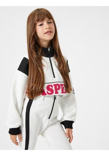 Koton Sweatshirt Dik Yaka Yarım Fermuarlı Uzun Kollu Baskılı Renk Kontrastlı Ekru 4wkg10559ak 4WKG10559AK010 Ekru