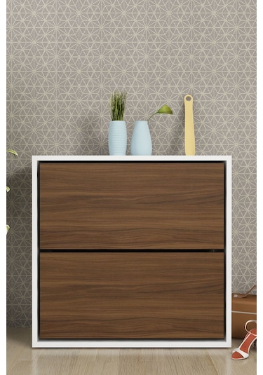 Moonlife 2 Kapaklı Kayar Raflı Ayakkabılık Ceviz