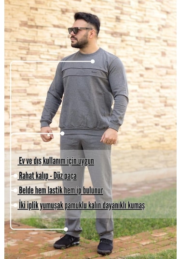 Koyu Gri Normal - Battal Büyük Beden Kalın Sweat Erkek Eşofman Takımı 21eestbakt Gri