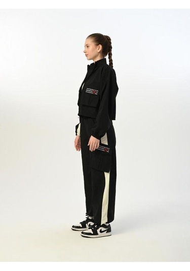 Kız Çocuk Paraşüt Kumaş Cepli Crop Ceket Pantolon Takım-15517 Siyah