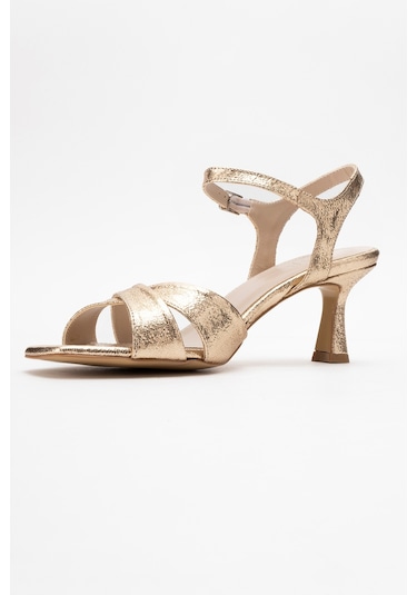 Melin Altın Desenli Çapraz Bantlı Kadın Topuklu Ayakkabı Altın