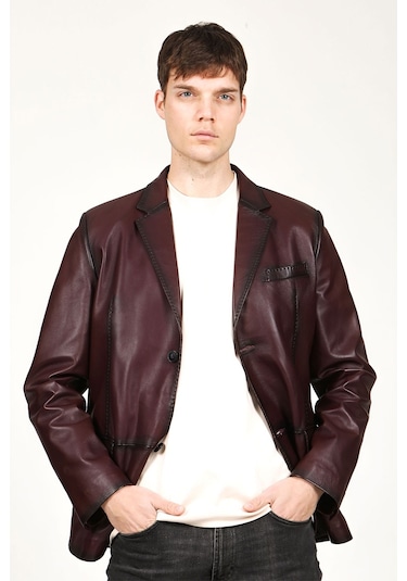 Dericlub Erkek Venedik Kruvaze Yaka Hakiki Deri Blazer Ceket Bordo Bordo