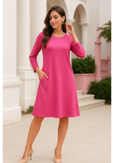 Rich Kadın Pembe Gizli Cepli Uzun Kollu Elbise Pembe