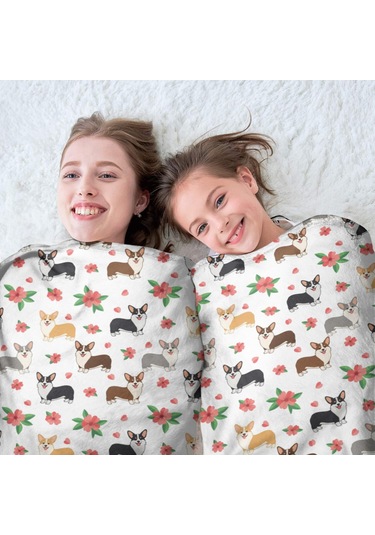 Corgi Desenli Yuvarlak Polar Battaniye, Yumuşak & Hafif, 47 İnç-a2 Corgi Floral White