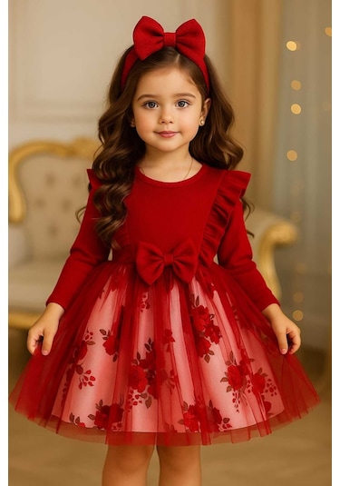 Kız Çocuk Çiçekli Toz Pembe -kırmızı Tütü Doğum Günü Abiye Prenses Şık Elbise Kırmızı