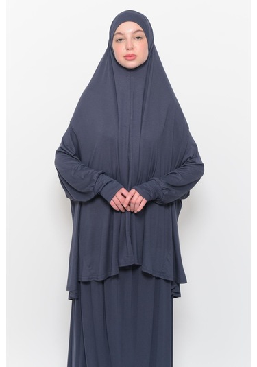 Pratik 2 Parça Pamuklu Yarasa Kollu Başörtülü Tesettür Namaz Elbisesi Füme Antrasit