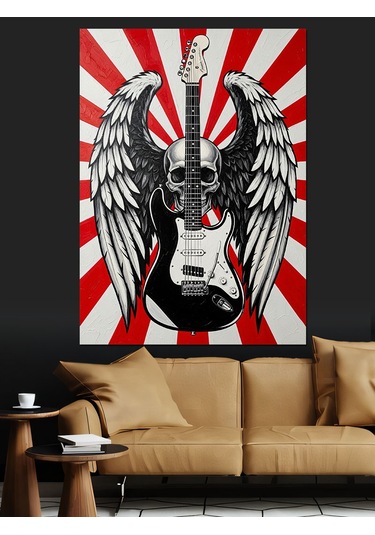 Kanatlı Kurukafa Ve Gitar Rock Konser Posteri Dekoratif Kanvas - Mdf Ahşap Tablo