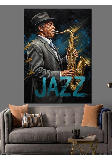 Saksafon Çalan Jazz Adam Dekoratif Kanvas - Mdf Ahşap Tablo