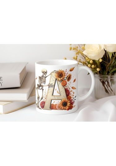 A Harfi Gotik İskelet Kupa Bardak -retro Çiçekli Tasarım - Cadılar Bayramı / Halloween Hediye Beyaz