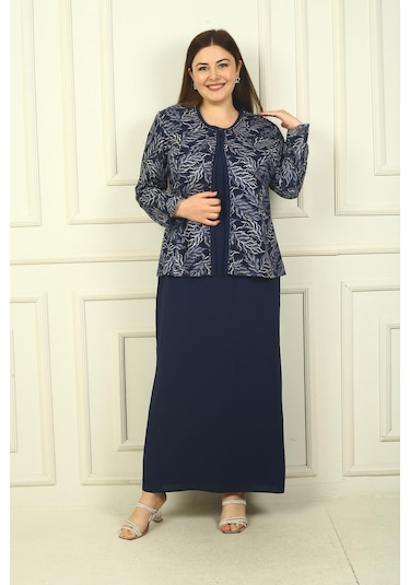 Yakası Boncuk Nakışlı Uzun Elbise Boncuk Pul Nakışlı Ceket Astarlı Büyük Beden 2'li Takım-38926 Lacivert