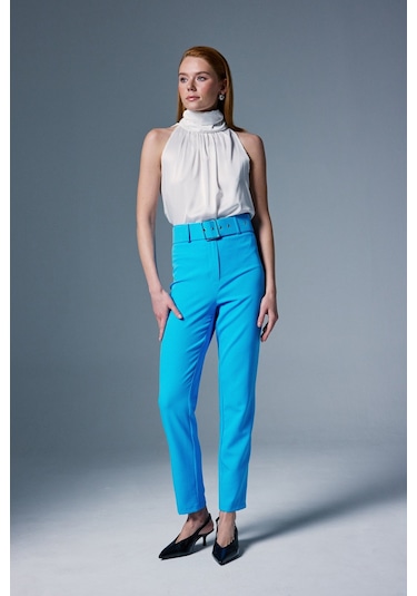 Sateen Yüksek Bel Kemerli Pantolon - Bebe Mavi-132386 Bebe Mavi