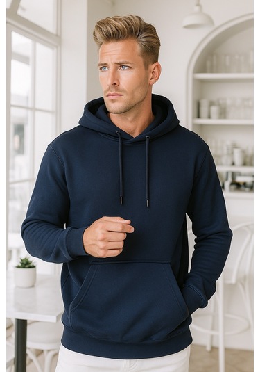 Rich Erkek Lacivert Pamuklu Cep Detaylı Kapüşonlu Sweatshirt Lacivert