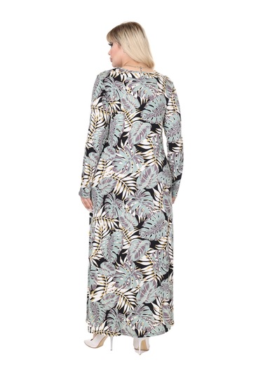 Melsay Butik Yeşil Beyaz Tropik Desen Uzun Kollu Kadın Tesettür Elbise Yeşil