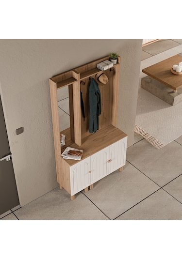 Set 5089-5072 Rapsody Sol Aynalı 3 Kapaklı Membran 4 Askılı Bohem Portmanto Sepet-beyaz Beyaz - Meşe