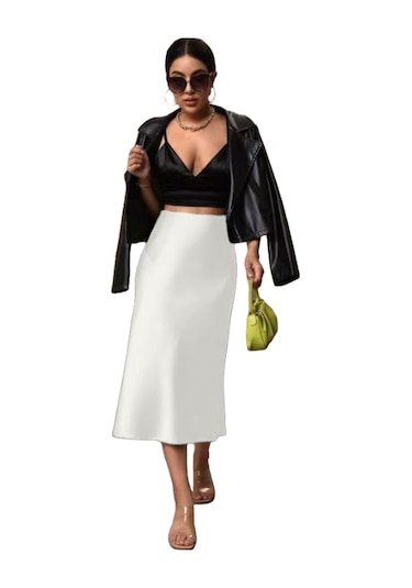 Kadın Saten Kalça Balık Etek Beyaz