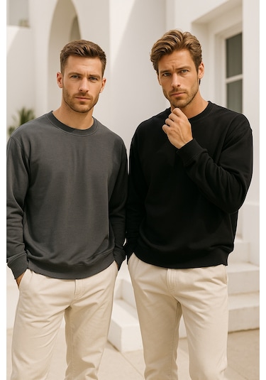 Rich Erkek 2'li Paket Siyah - Antrasit Bisiklet Yaka Scuba Basic Sweatshirt Siyah