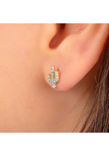 Altın Küpe - 14 Ayar Altın Minimal Kaktüs Modelli Firuze Turkuaz Taşlı Küpe Sarı