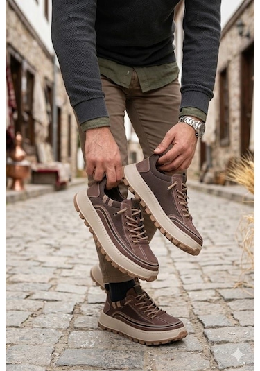 Guja 26y514 Rahat Hafif Taban Tekstil Lastik Bağcıklı Sneaker Erkek Ayakkabı Kahve