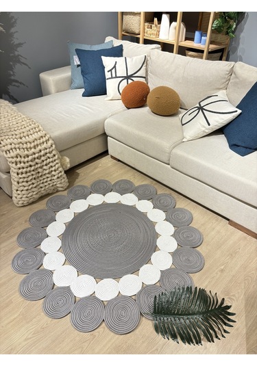 Mavaux Hasır Jüt Çiçek Desenli Kilim Halı Gri - Beyaz