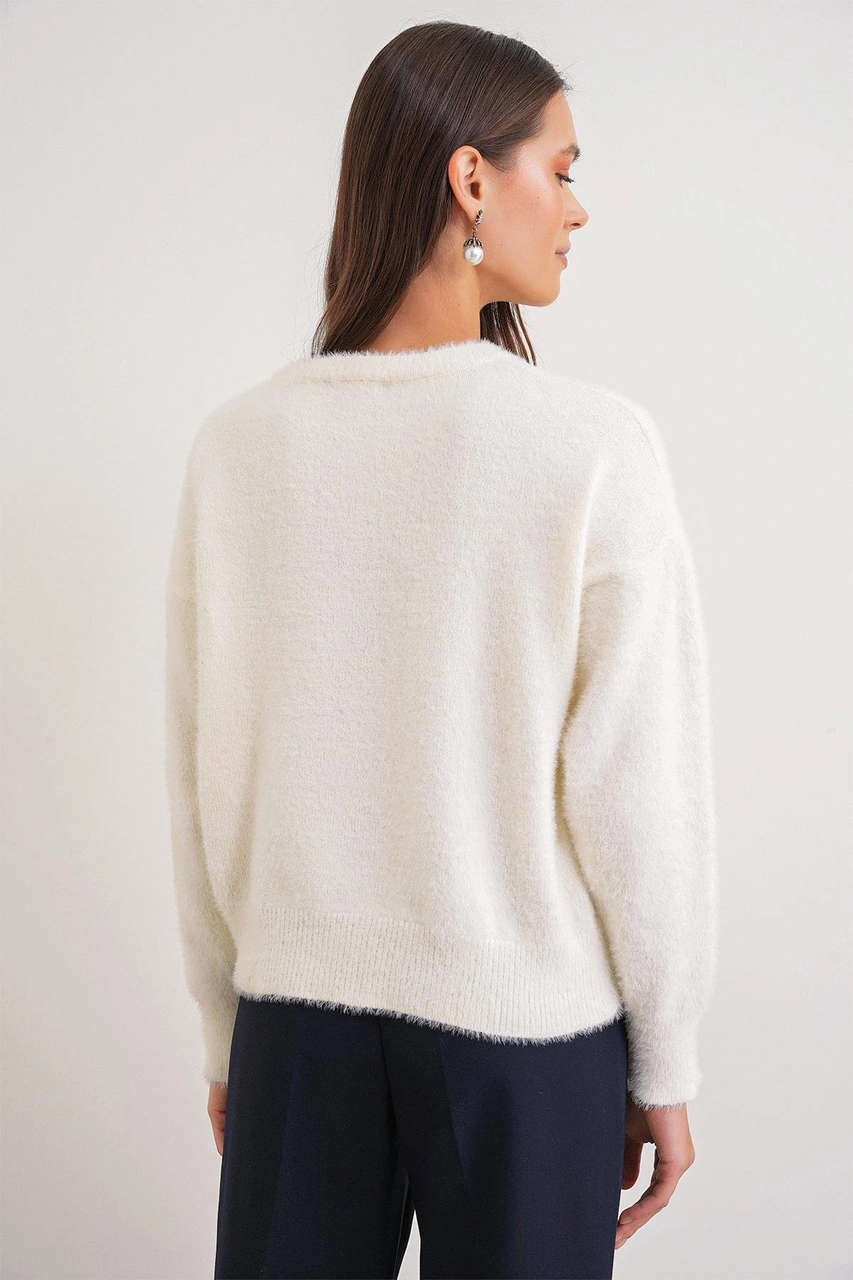 6902 Kadın Sakallı Basic Yumuşak Dokulu Triko Hırka Ekru Ekru