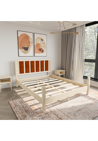 Orion Model Kiremit Renk Puflu Başlıklı Vernikli Çam Ahşap Karyola-81 150 x 200 CM