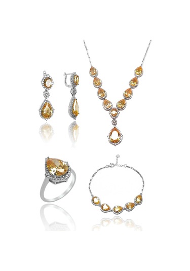 Şampanya Sitrin Taşlı Damla Model 925 Ayar Gümüş Dörtlü Set 201024157 Gümüş