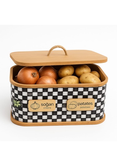 Dekorasyaa 2 Bölmeli Patates Soğanlık - Bambu - Dikdörtgen Dama Desen Beyaz - Siyah