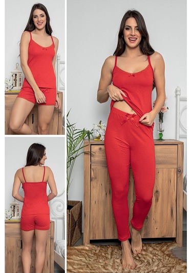 Kadın Kırmızı Renkli Dantel Detaylı Şortlu Ve Taytlı Pijama Takımı 3'lü Set 75021 Kırmızı