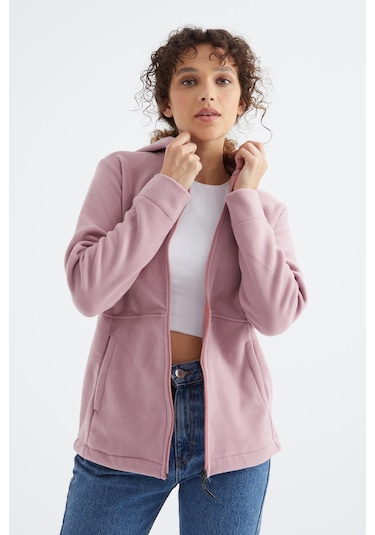 Tommy Life Gül Kurusu Kapüşonlu Fermuarlı Rahat Form Kadın Polar Sweatshirt - 97233 Gülkurusu