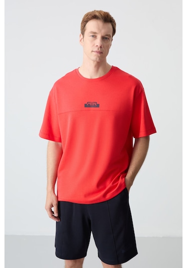 Fiesta - Lacivert Pamuklu Kalın Yumuşak Dokulu Oversize Fit Basic Erkek Şort Takım - 85259 Kırmızı