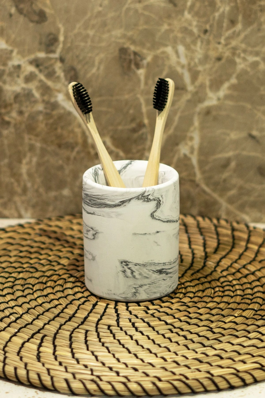 Mermer Desenli Görünümlü Diş Fırçalığı Fırçalık Fırçası Banyo Tuvalet Wc Sıvı Beton Aksesuar Bej