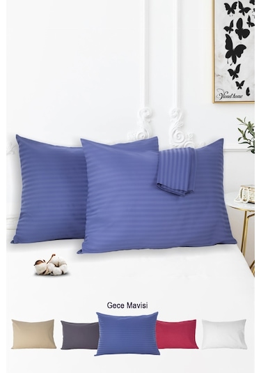 Vionel Home Pamuklu Çizgili Saten Yastık Kılıfı Gece Mavisi 2'li 50 x 70