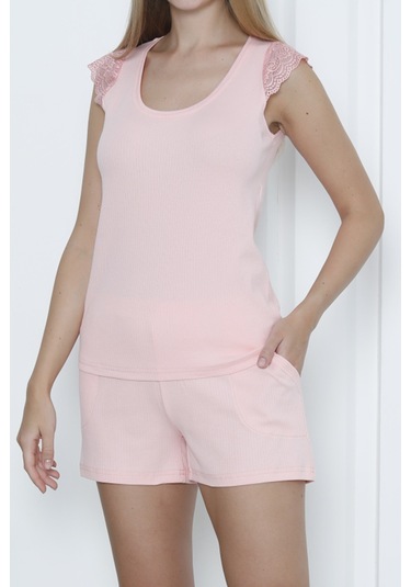 Kadın Şortlu Pijama Takımı Dantelli Sıfır Kol Likrali Cepli Kaşkorse Açık Somon Açık Somon