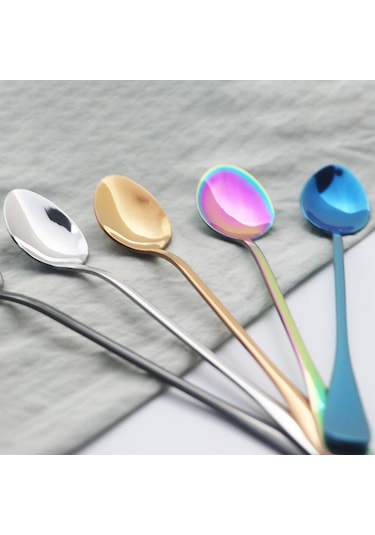 6 Adet Altın Çatal Bıçak Kaşık Seti Paslanmaz Çelik Uzun Saplı Kaşık Gümüş Tatlı Dondurma Kahve Kaşığı Karıştırma Çay Kaşığı Yemek Takımı Altın